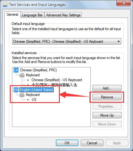 Remove the "English (United States) - US" Keyboard