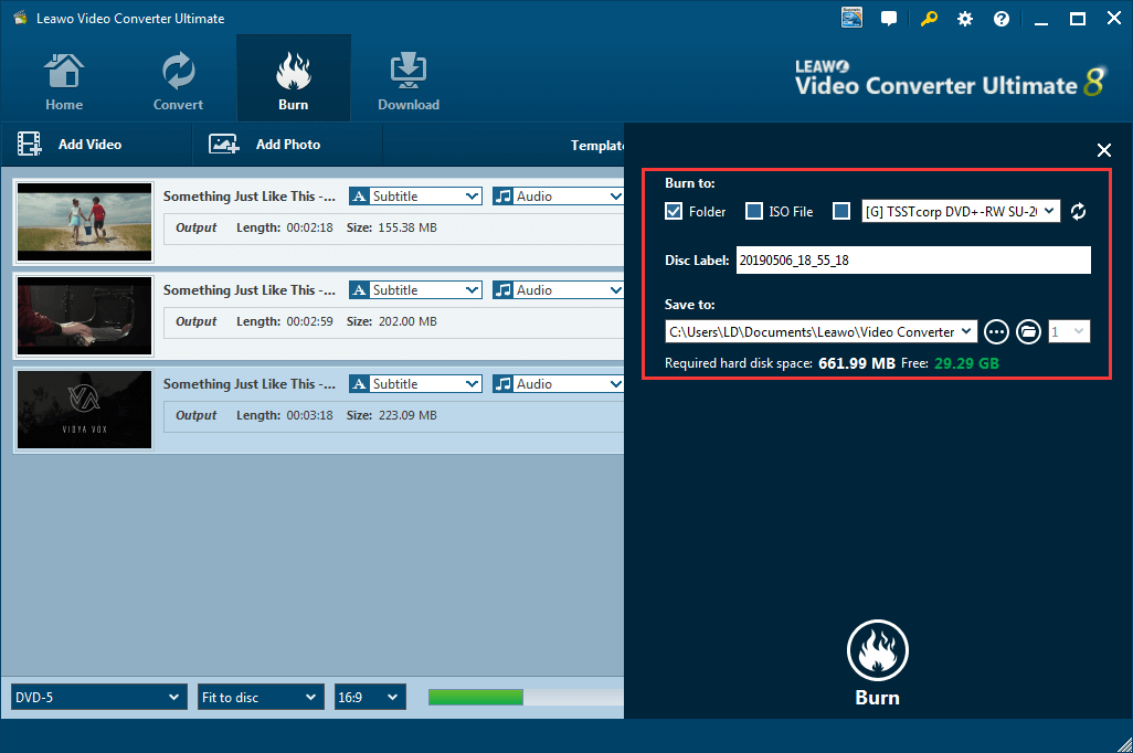 configure the "Burn to" and "Save to" settings