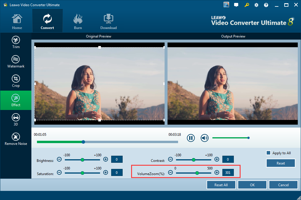 Adjust the volume on the ”Effect“ tab in Leawo Video Converter Ultimate 8.0