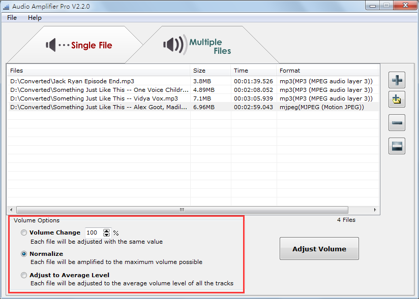 "Multiple Files" tab of Audio Amplifier Pro 2.2.0