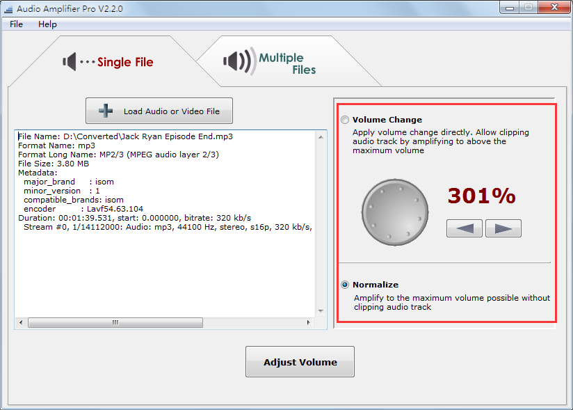 "Single File" tab of Audio Amplifier Pro 2.2.0