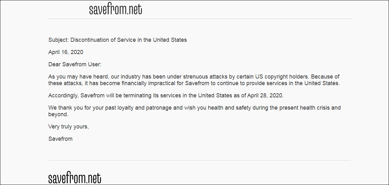 discontinuation of service by Savefrom.net in the US