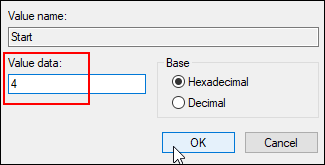 Change the value data of "Start" from "3" to "4"