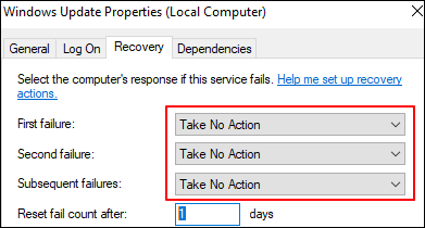 Choose "Take No Action" on the "Recovery" tab