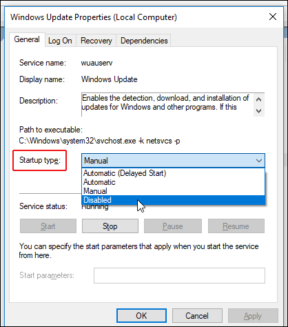 Disable "Windows Update" in Services.msc