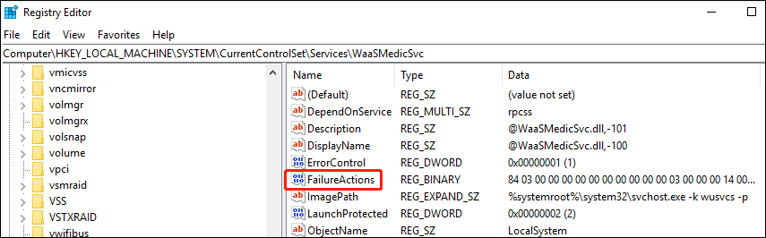 Double-click on the "FailureActions" value of "WaasMedicSvc"