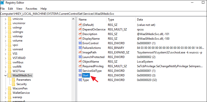 Double-click on the "Start" value of "WaasMedicSvc"