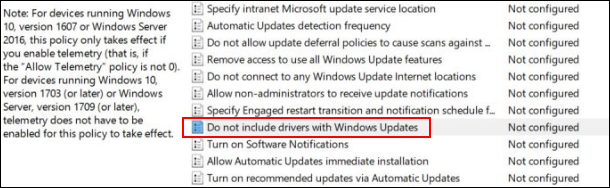 Open the policy "Do not include drivers with Windows updates"