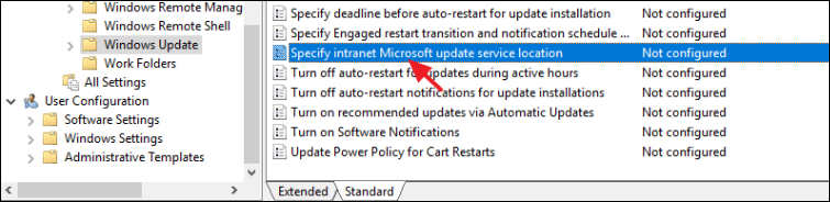 Open "Specify Intranet Microsoft update service location" in Group Policy