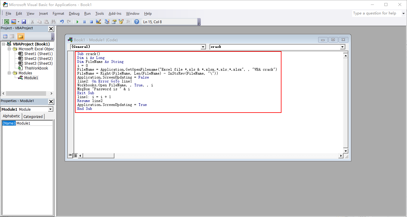 Copy and paste the VBA code for recovering the Excel open password