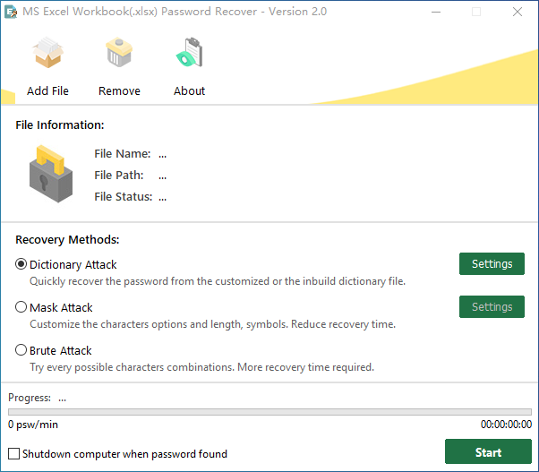 Recover the Excel open password with MS Excel Workbook (.xlsx) Password Recover