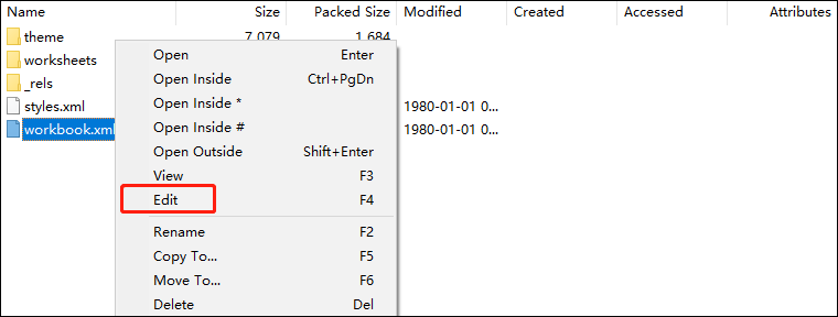 Right-click on "workbook.xml" and select "Edit" in the memu