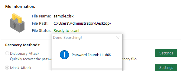 The password is recovered and displayed in the pop-up dialog