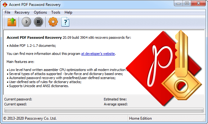 Recover the PDF user password using Accent PDF Password Recovery