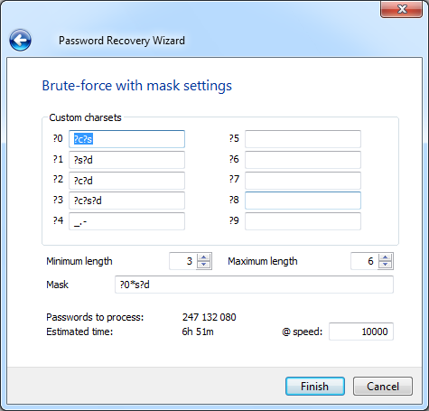 brute force with extended mask attack of Accent PDF Password Recovery