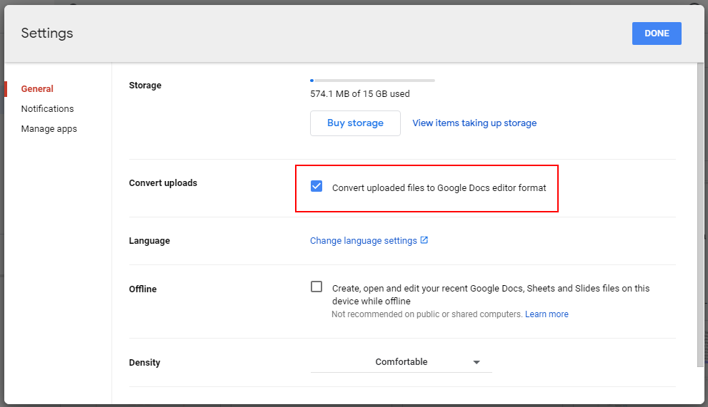 Check the box "Convert uploaded files to Google Docs editor format"