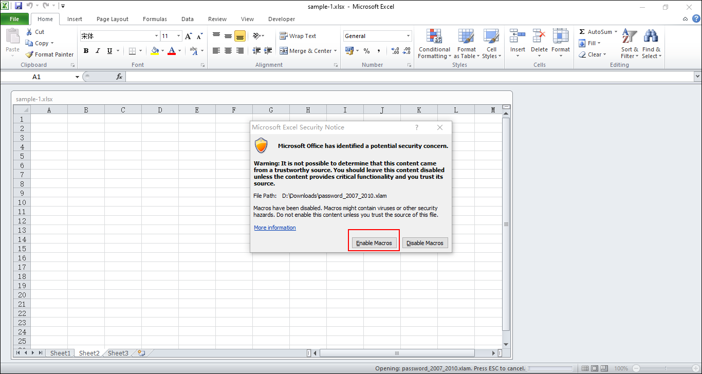 The "Microsoft Excel Security Notice" dialog