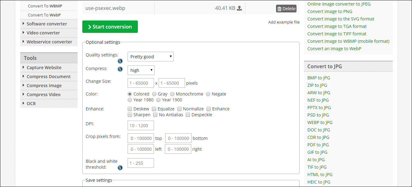 The advanced settings of Online-Convert