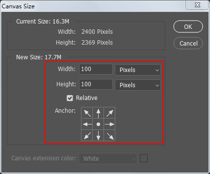 Set the width value and the hieght value and keep the achor placed in the center square