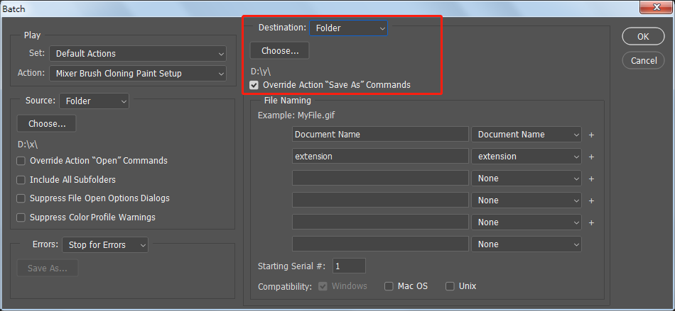 Configure settings in the "Batch" dialog