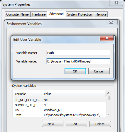 Add the path of the folder containing ffmpeg.exe to the path variable