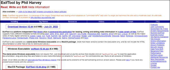 The official site of ExifTool